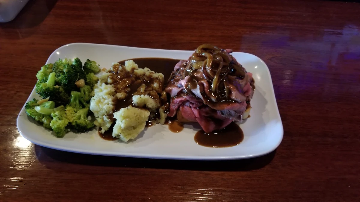 Open Face Roast Beef Fresh Mashed Potatoes and Fresh Broccoli