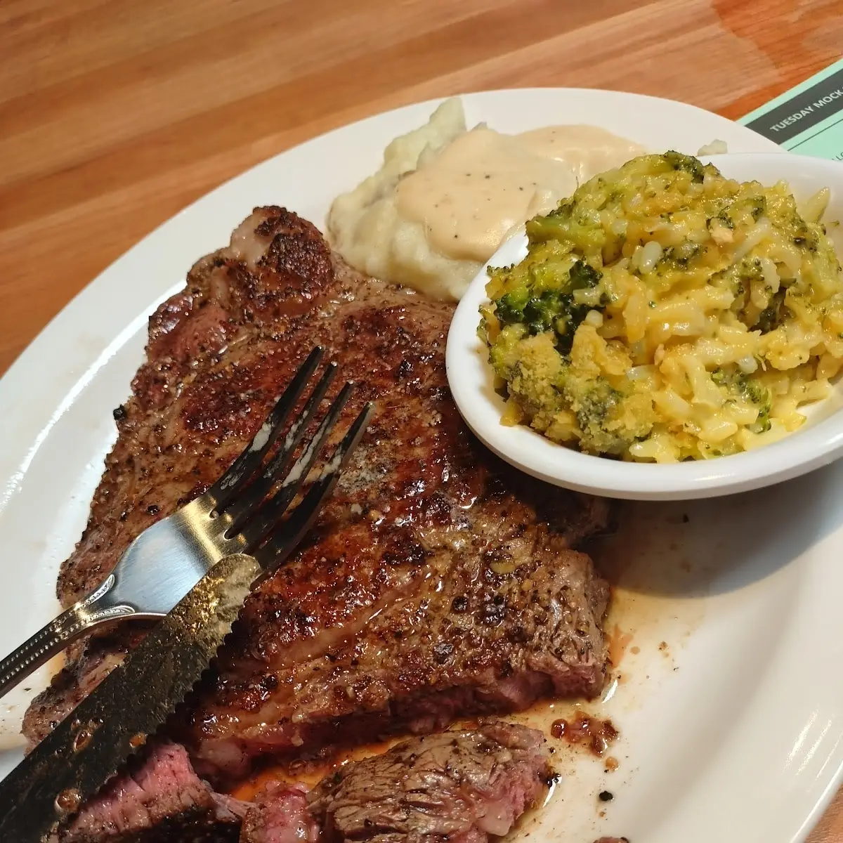 14oz Ribeye Broccoli Cheese Casserole and Mashed Potatoes and Gravy