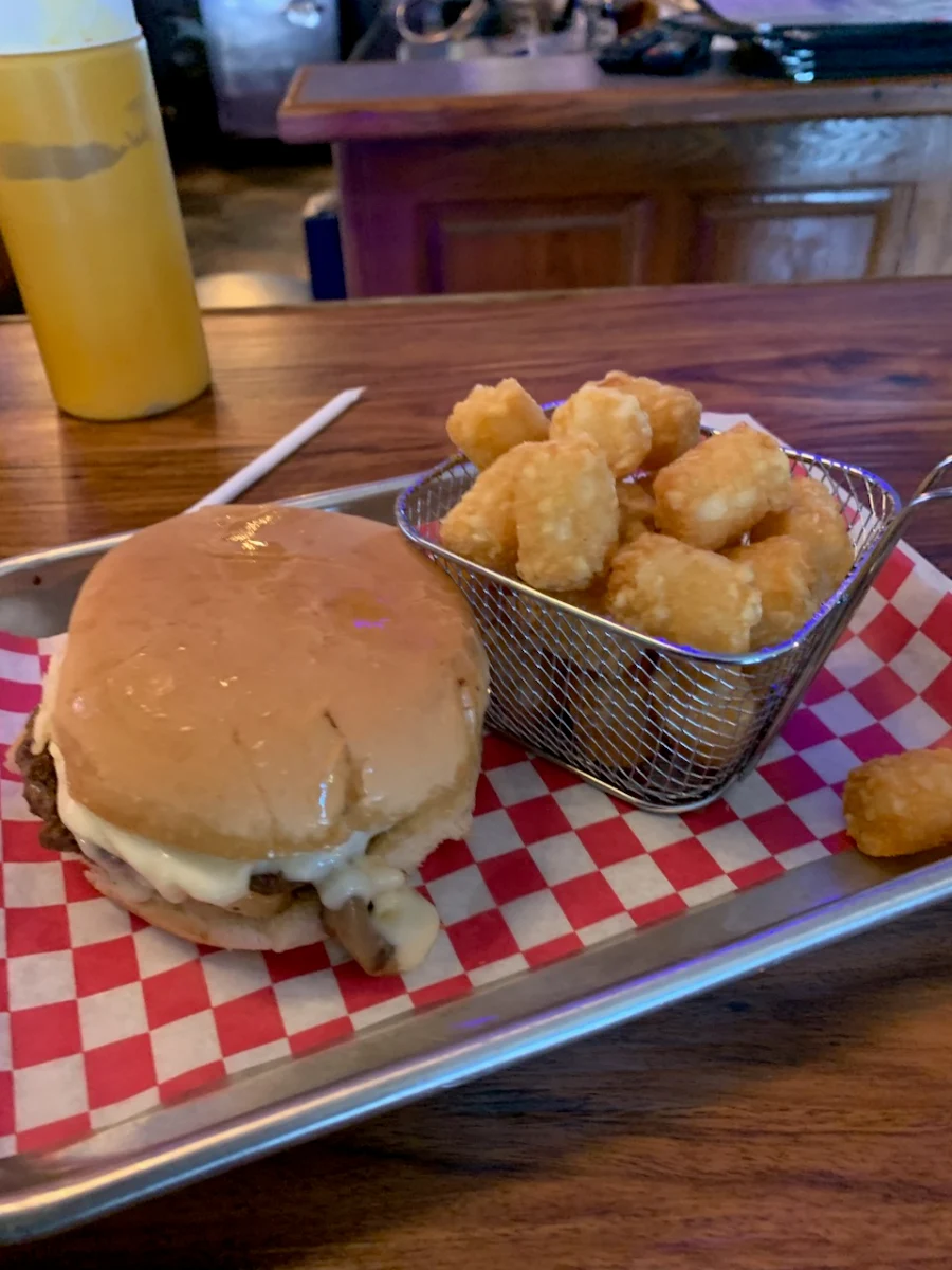 Swiss Mushroom Burger and Tots