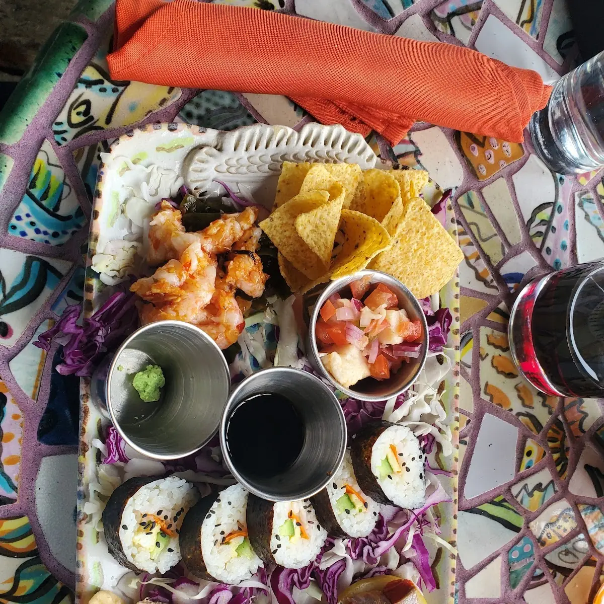 Combination Plate Poke Shrimp Halibut Ceviche Pickled Salmon Sushi and Smoke Paté Salmon