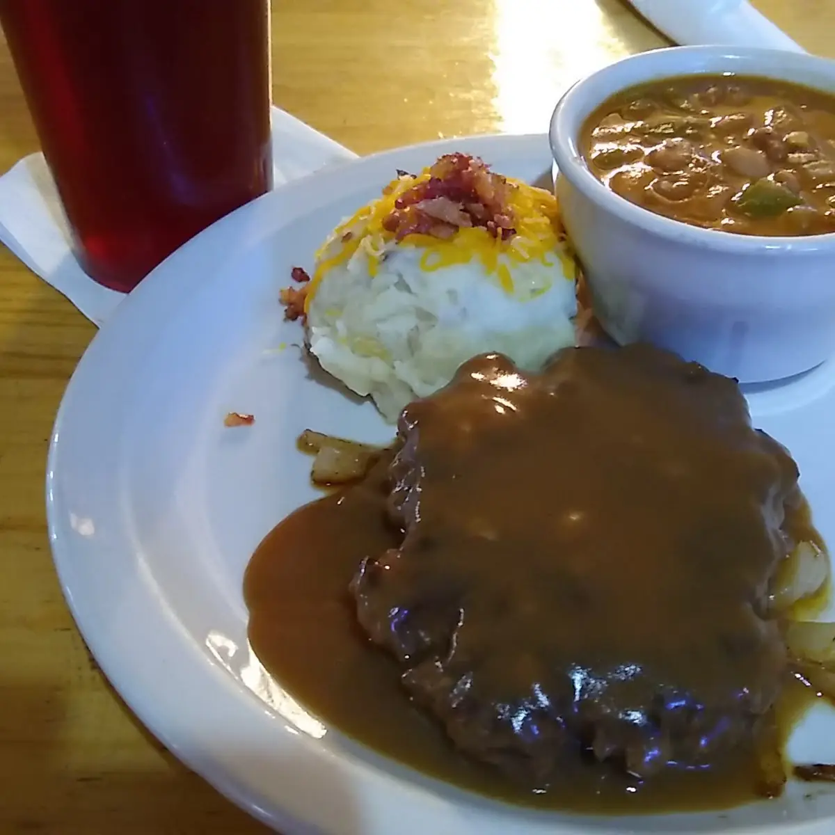 Hamburger Steak Fully Loaded Mashed Potatoes and Ranch Style Beans