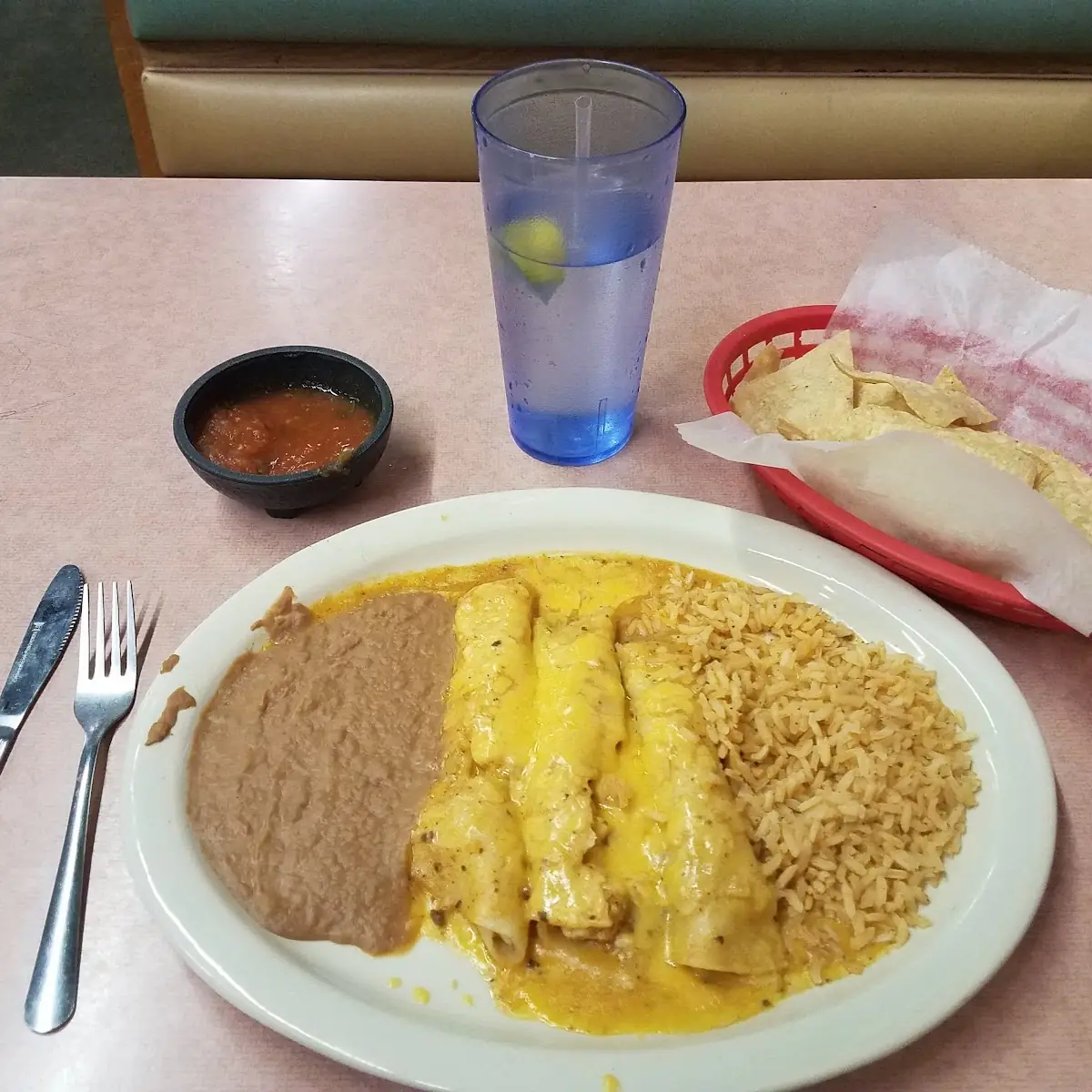 Chicken Enchiladas with Rice and Beans