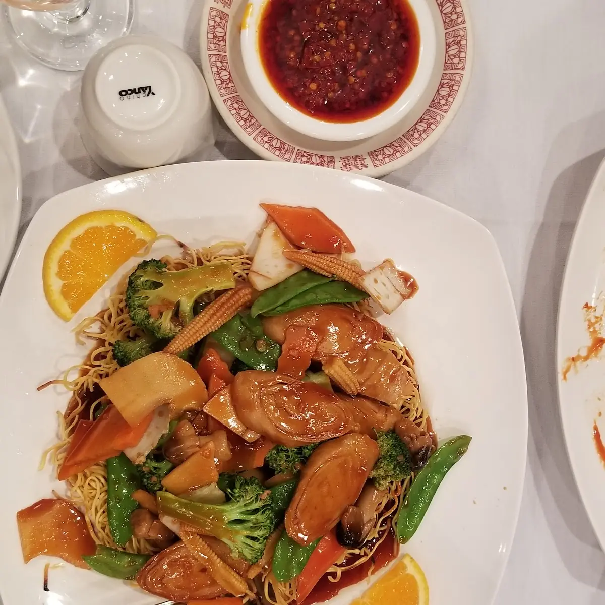 Pan Fried Noodles with Vegetables and Imitation Chicken