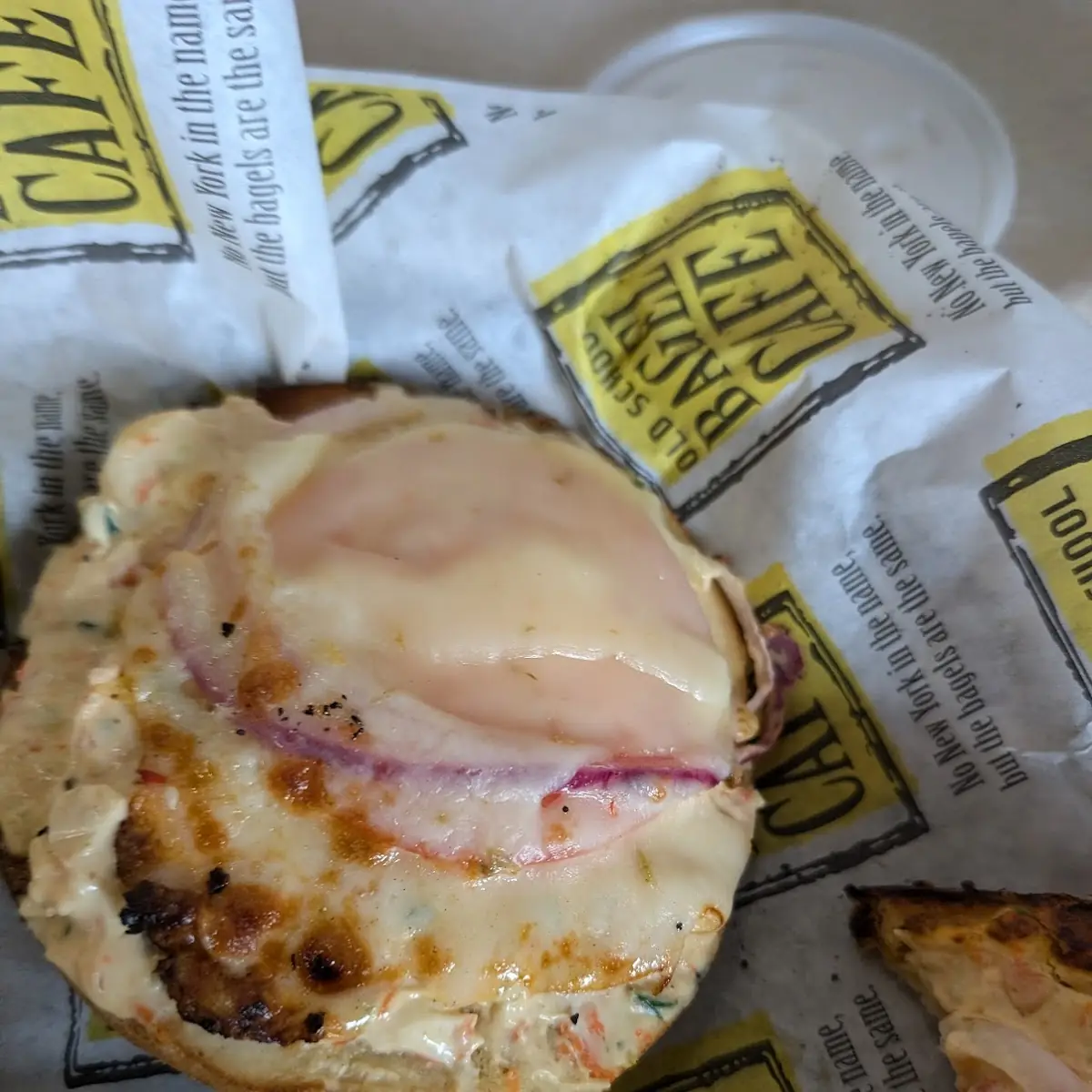 Everything Bagel Open Faced with Tomato Onion and Provolone