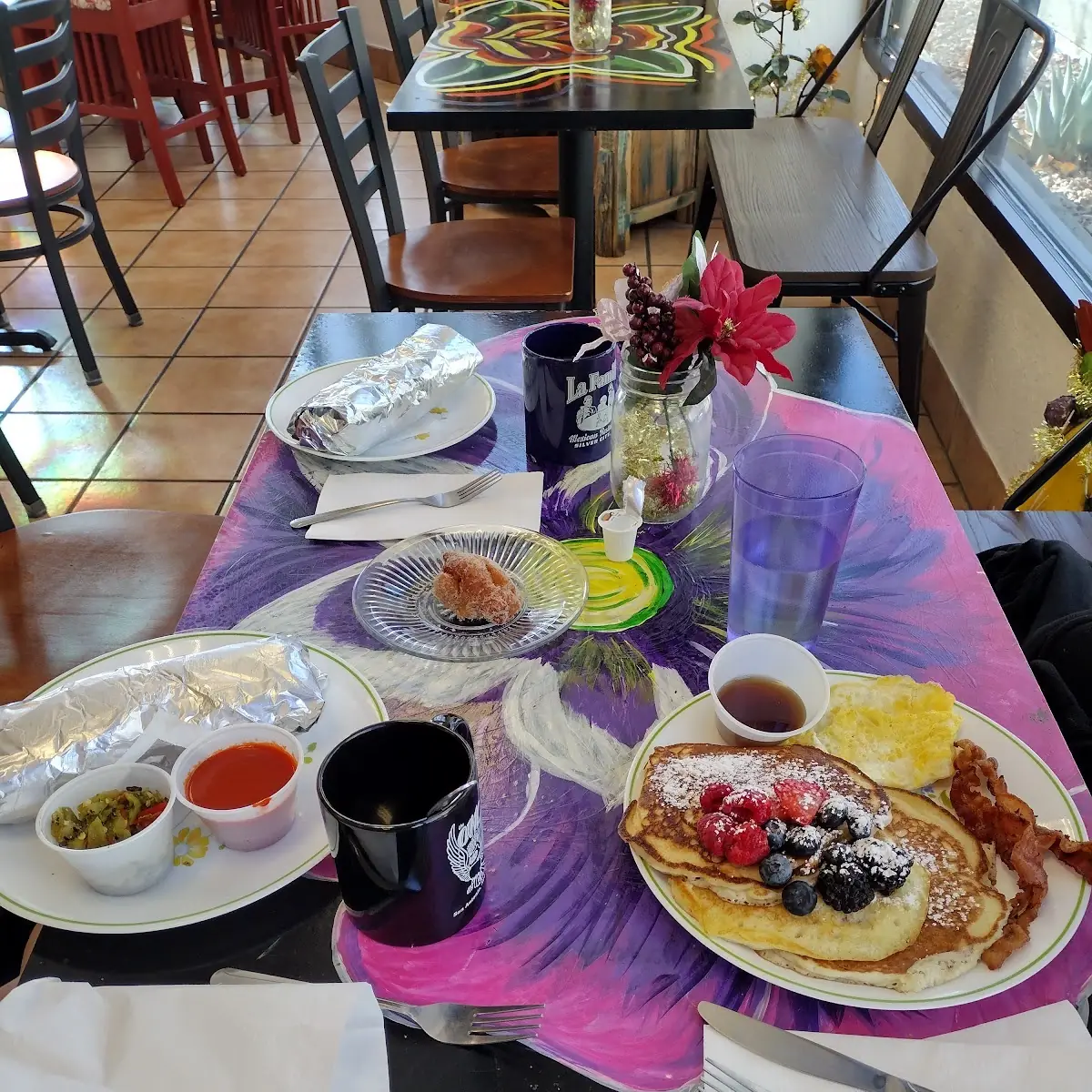 Breakfast Burrito and Pancakes and Eggs