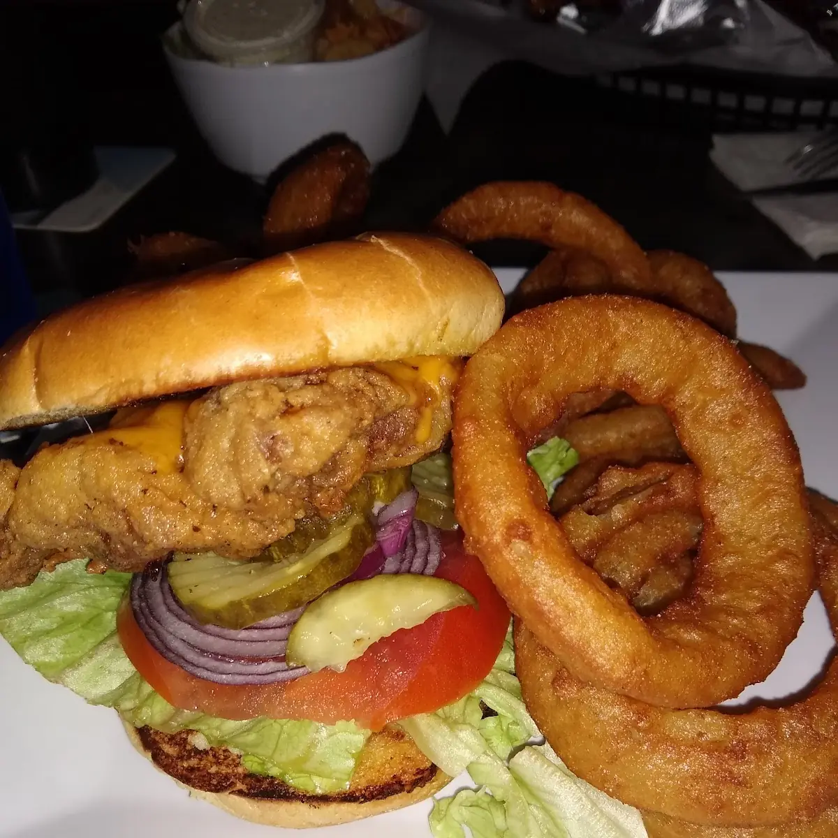 Pork Sandwich and Onion Rings