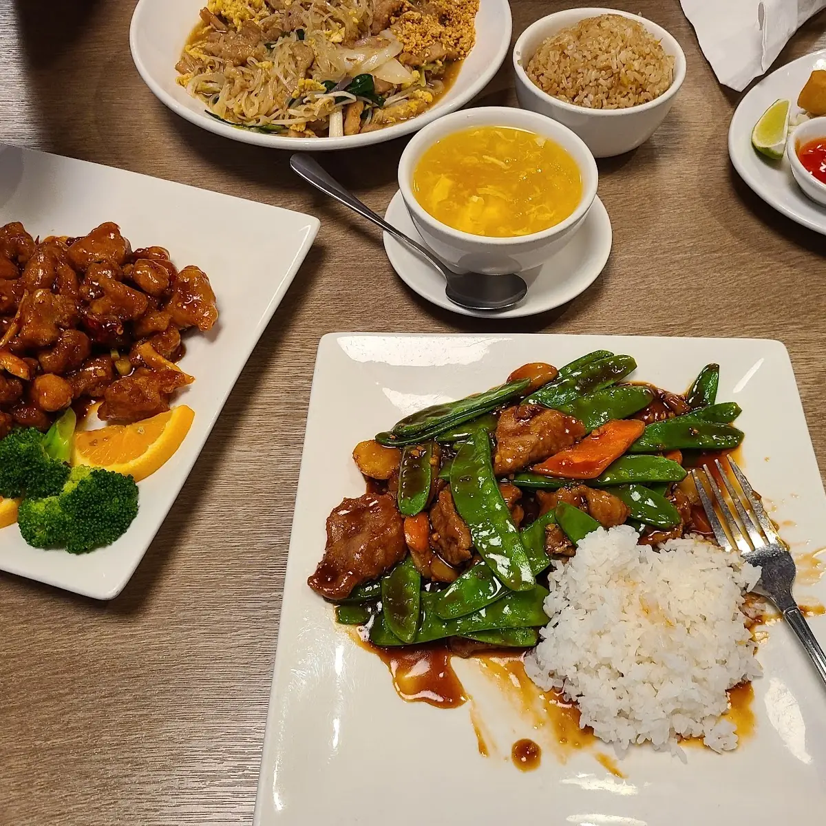 Orange Chicken Beef and Snow Peas