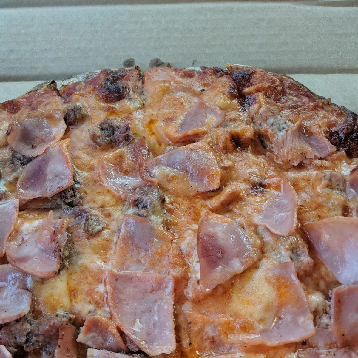 Beef and Canadian Bacon Thin Crust Cheese Pizza