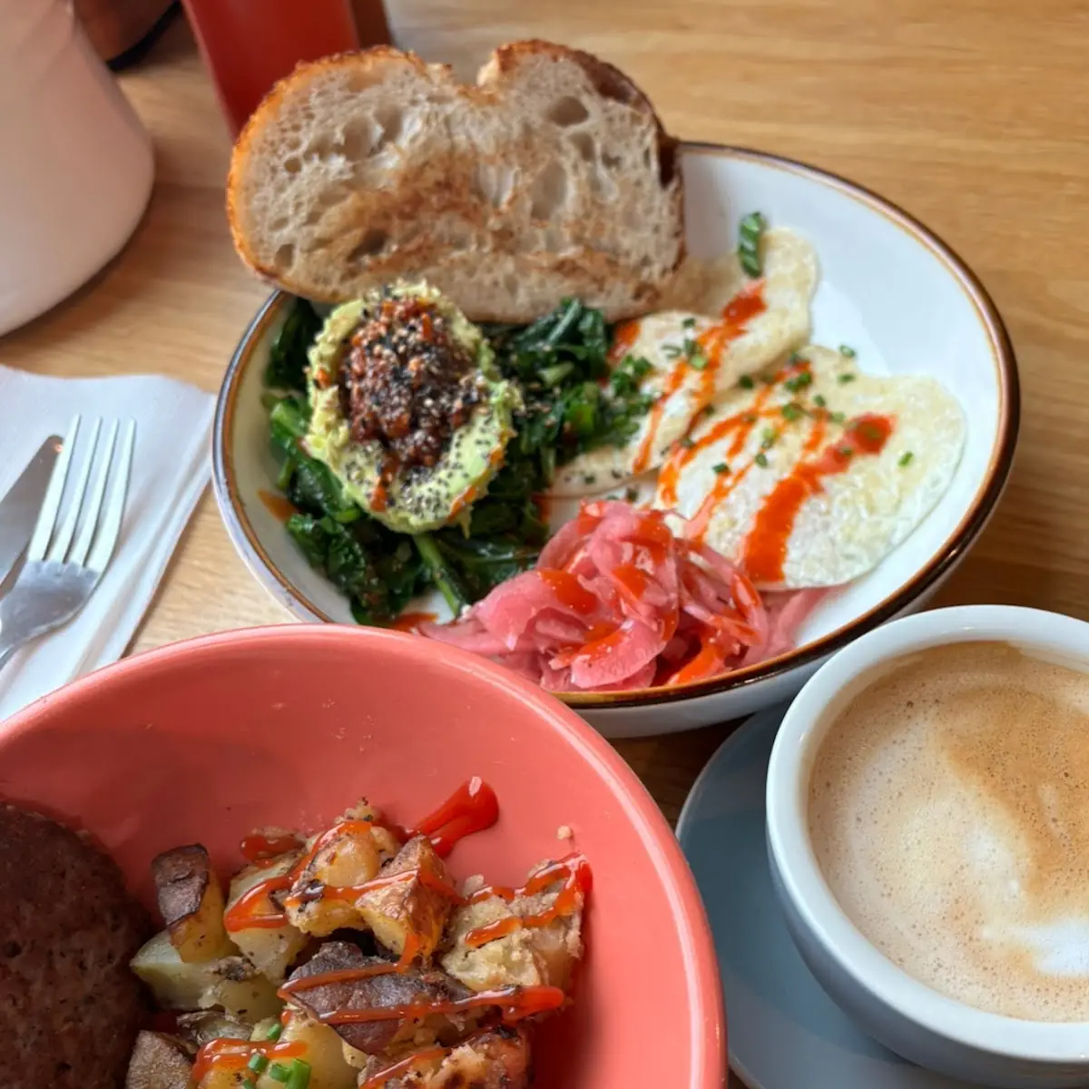 Loaded Avocado Home Fries Impossible Sausage and a Cappuccino