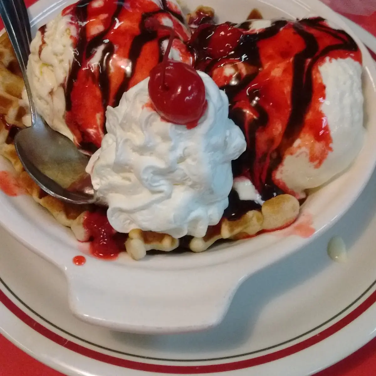 Waffle Sundae with Chocolate and Strawberries