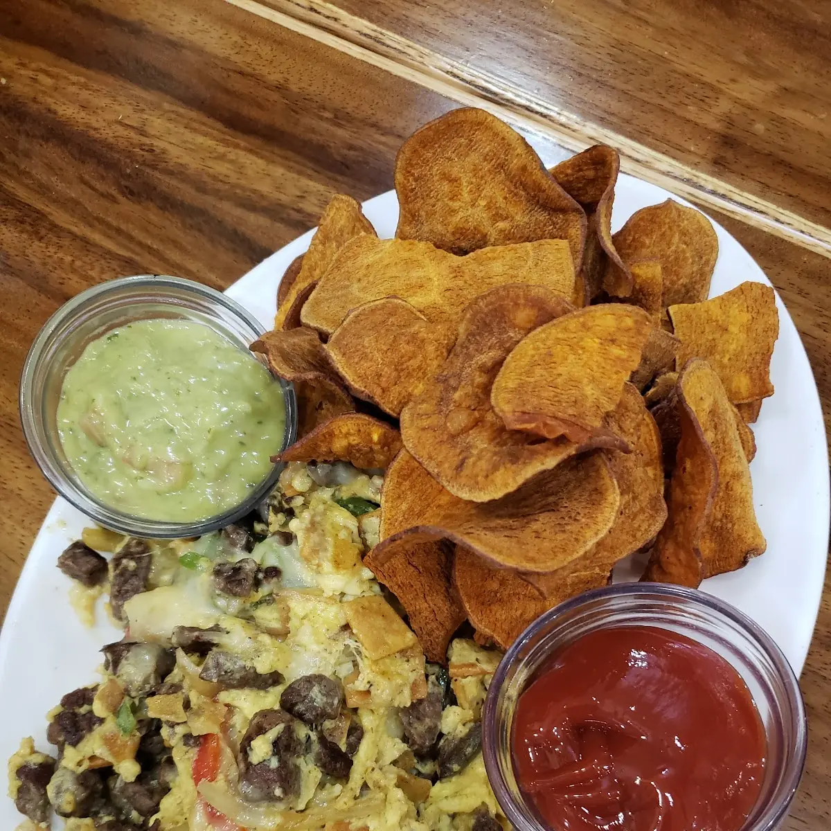 Scrambled Eggs and Steak with Sweet Potato Chips