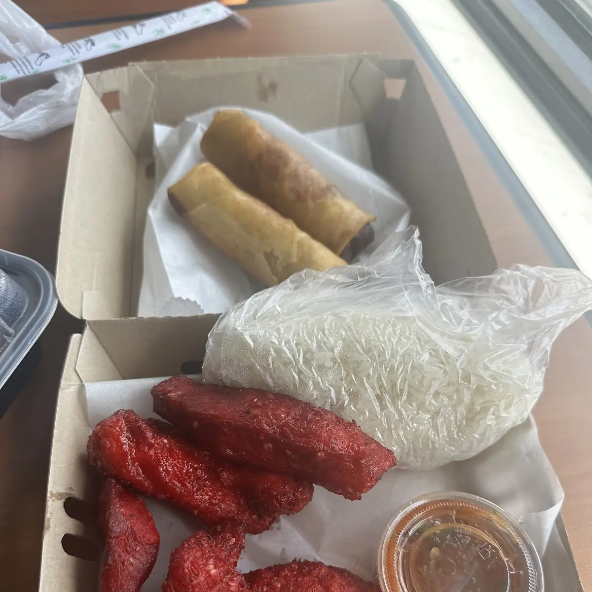 Pork Jerky w Sticky Rice and Egg Rolls