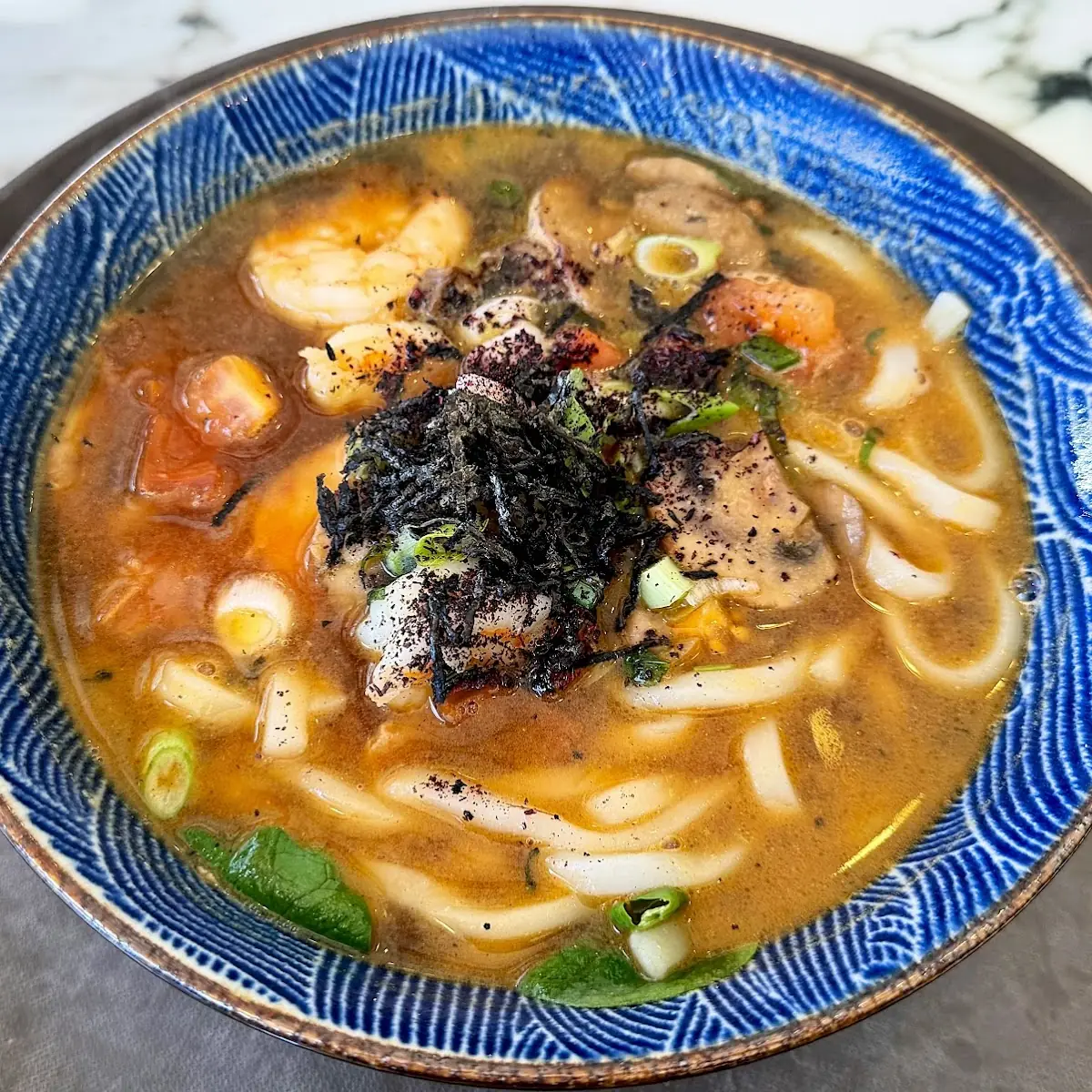 Chicken Udon Noodle Soup with Spinach Scallions & Ginger