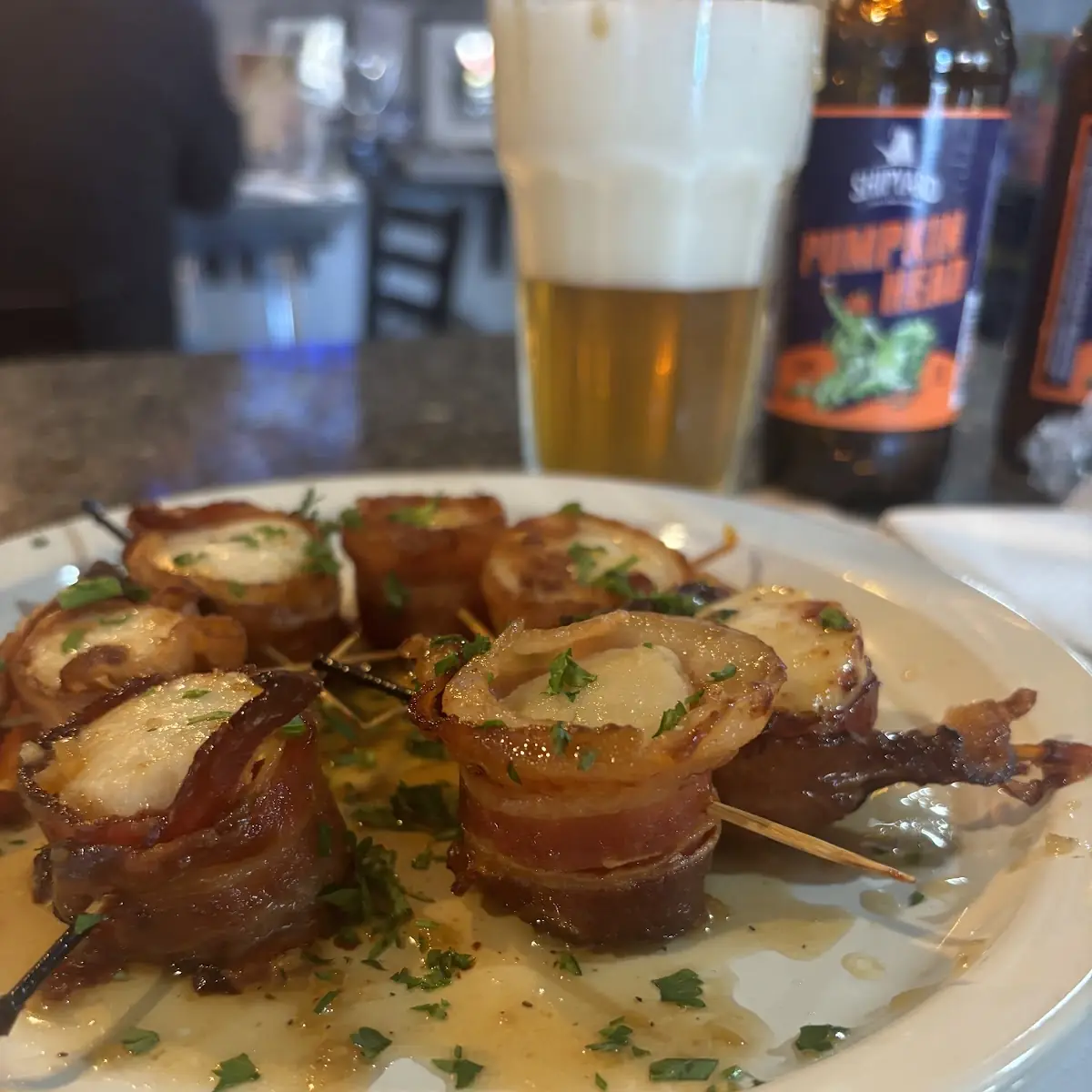 Bacon Wrapped Scallops with Garlic Sauce