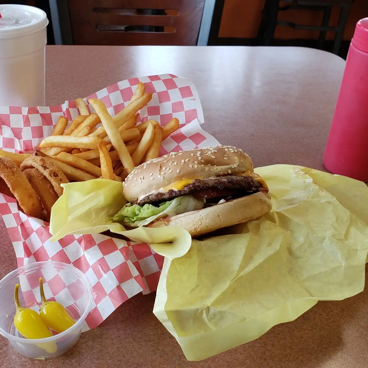 Cheeseburger with Fries and Onion Ring