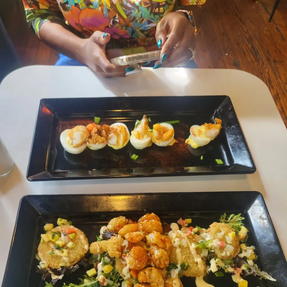 Lobster Deviled Eggs & Fried Green Tomatoes with Firecracker Shrimp