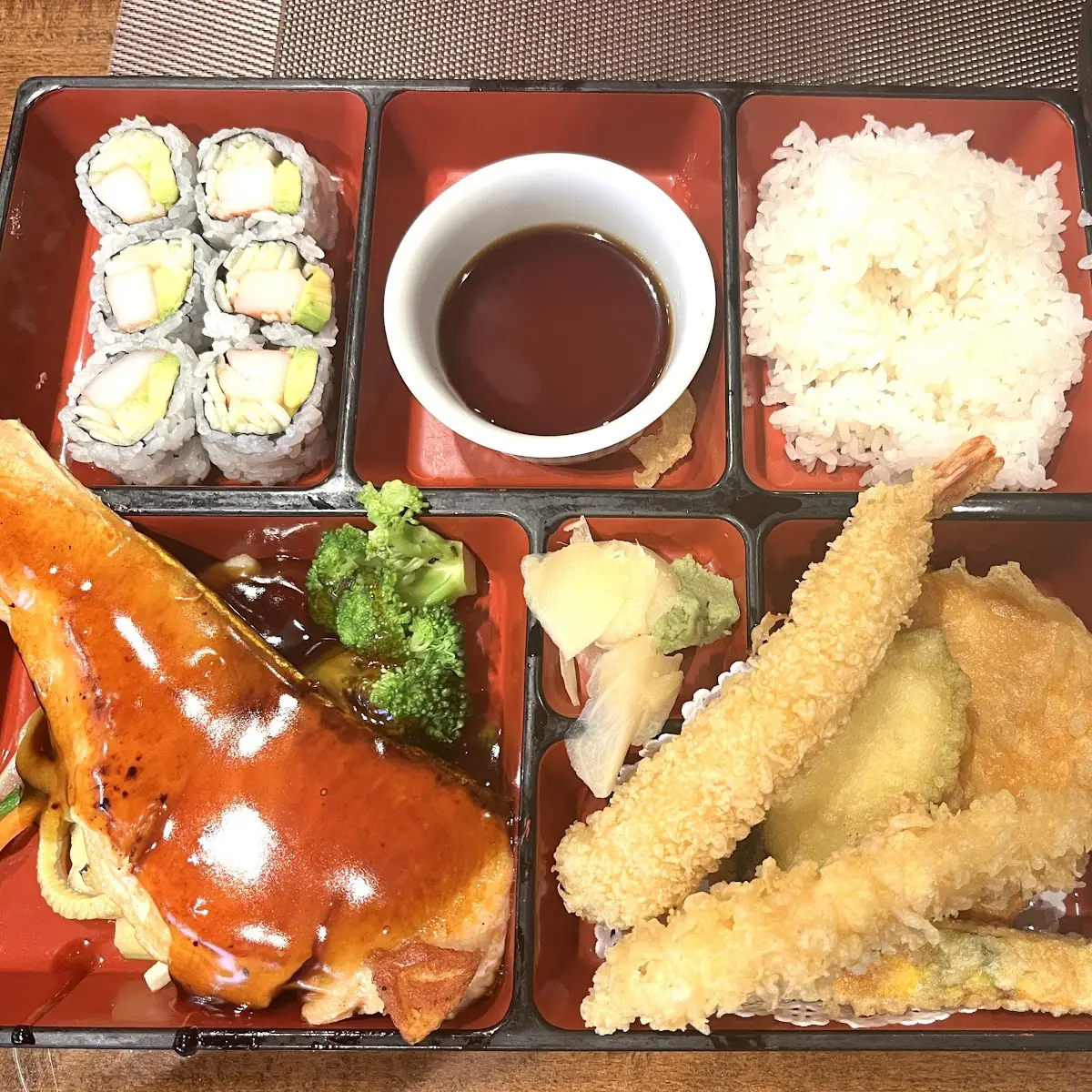 Bento Box with Teriyaki Steak and Sushi