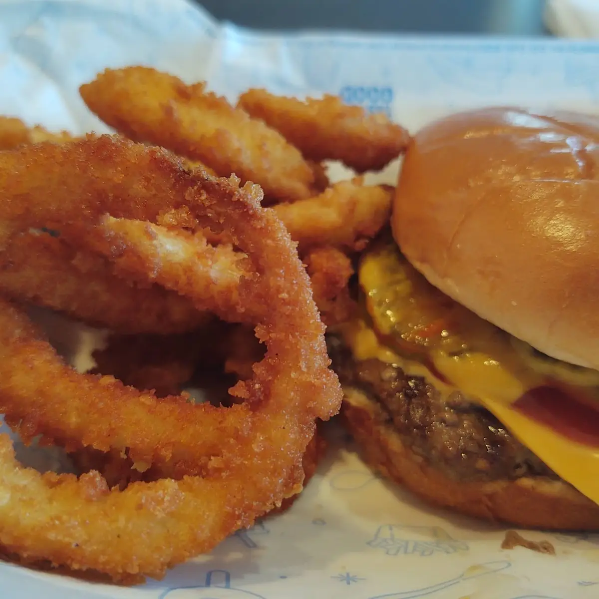Cheese Burger and Onion Rings