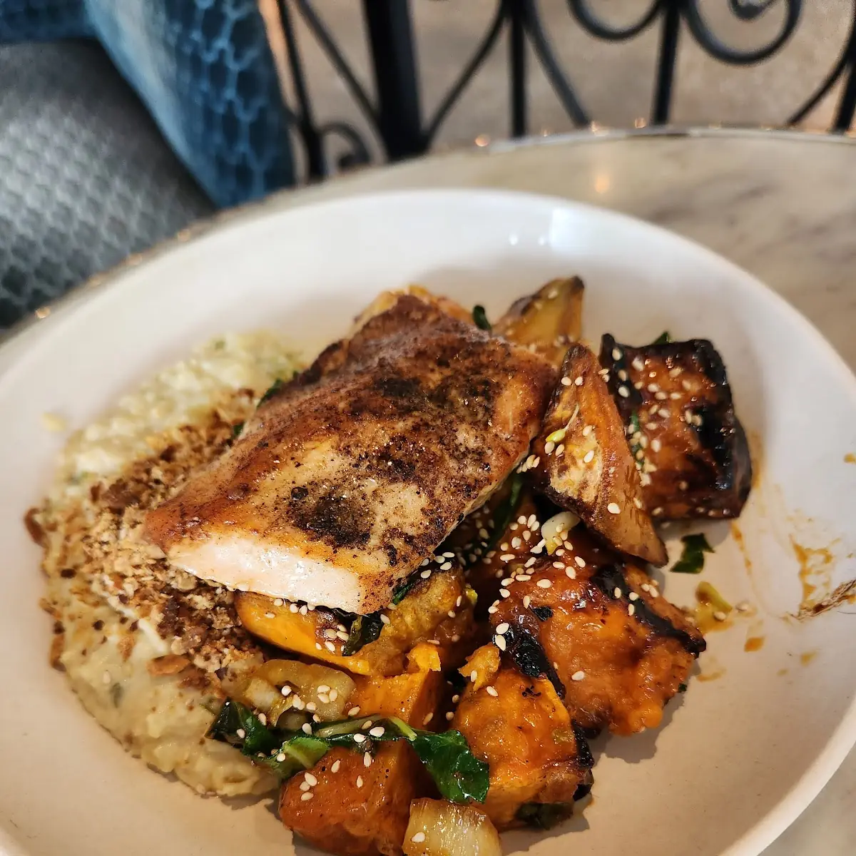 Salmon Entree with Glazed Sweet Potatoes and Cauliflower Risotto