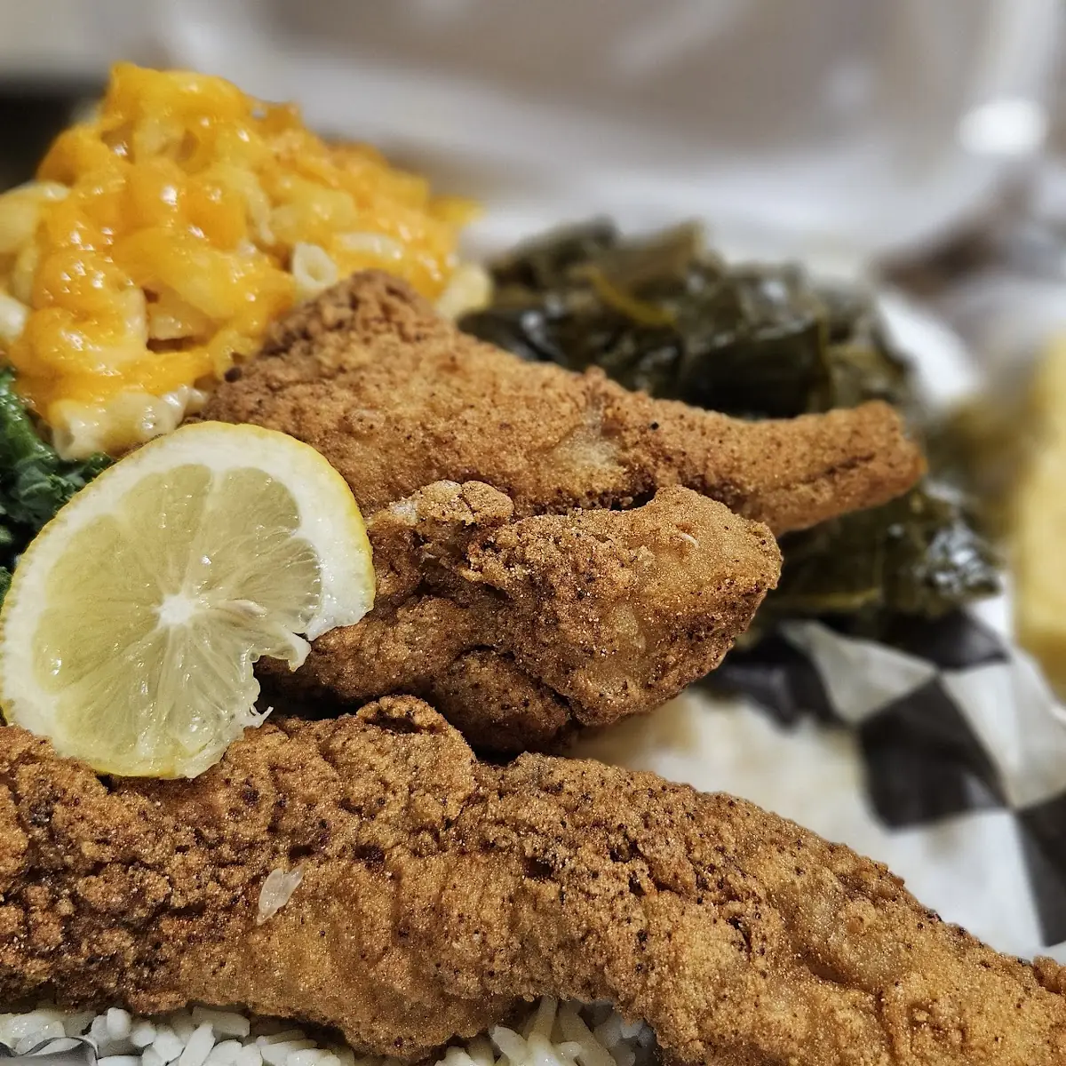 Fried Pork Chops Greens Rice and Sweet Potatoes