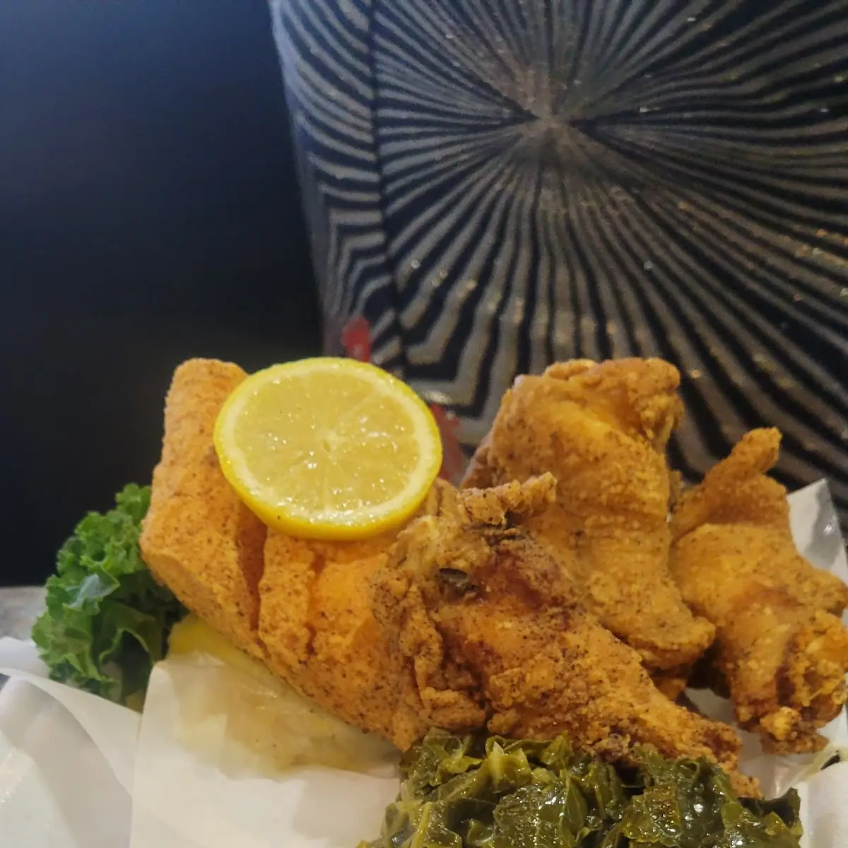 Fried Salmon and Wing Split Plate with Collard Greens and Potato Salad