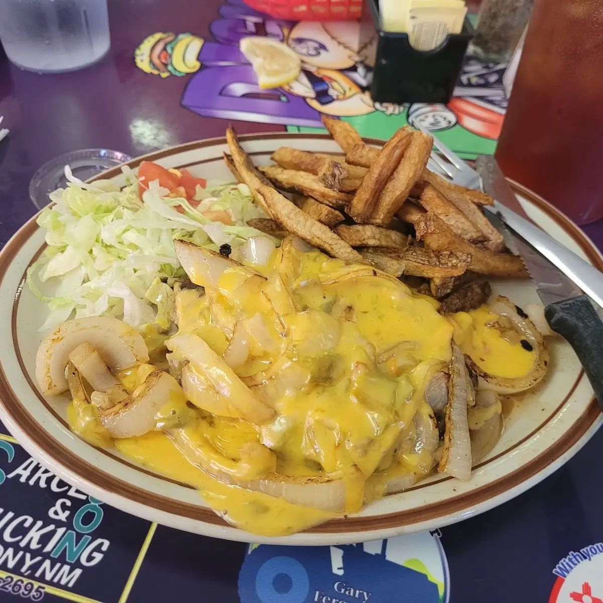 Hamburger Steak with Queso and Grilled Onions