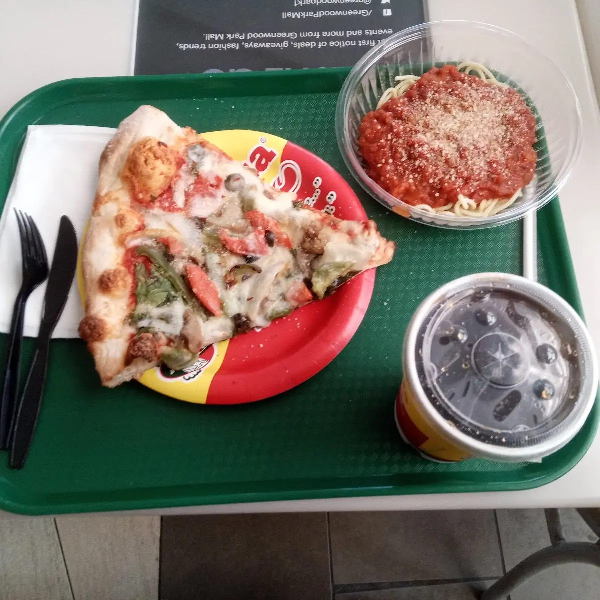 Supreme Pizza Slice with Side of Spaghetti