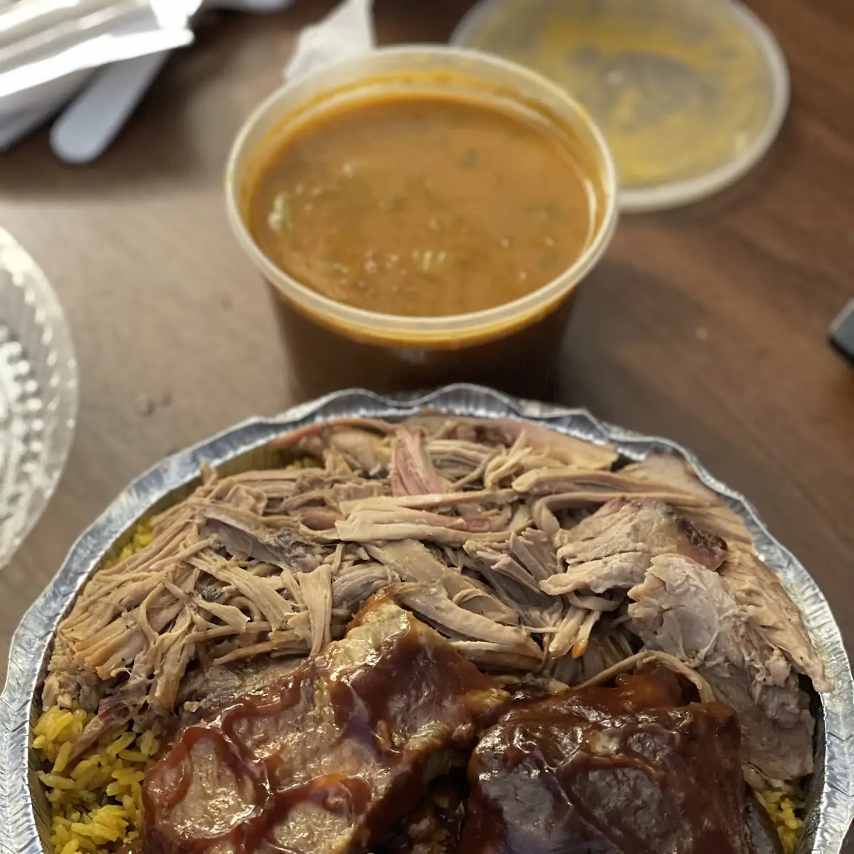 Yellow Rice Beans in a Bowl Pulled Pork BBQ Ribs