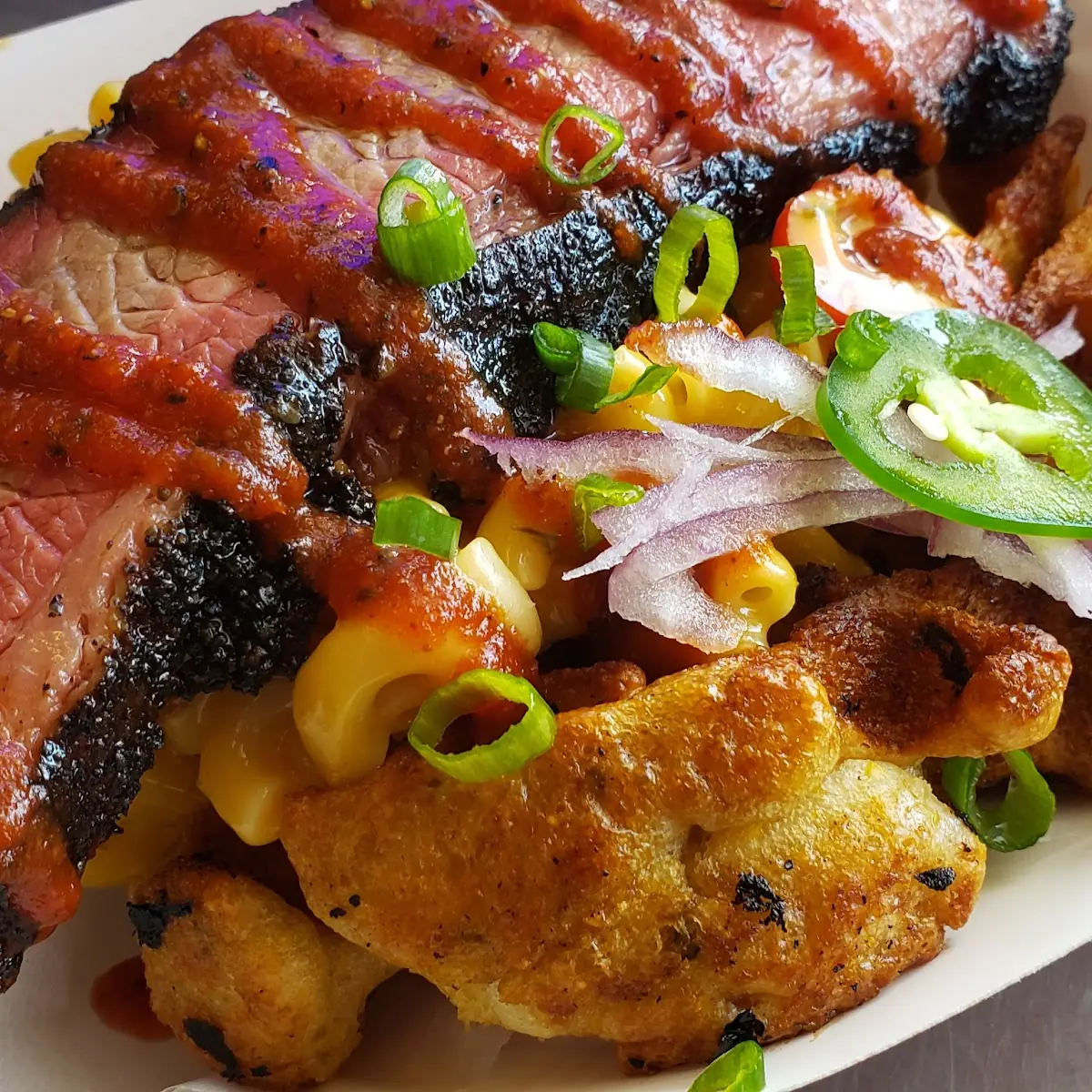 Winter Special Smoked Poblano Cornbread Waffle with Mac & Cheese and Brisket