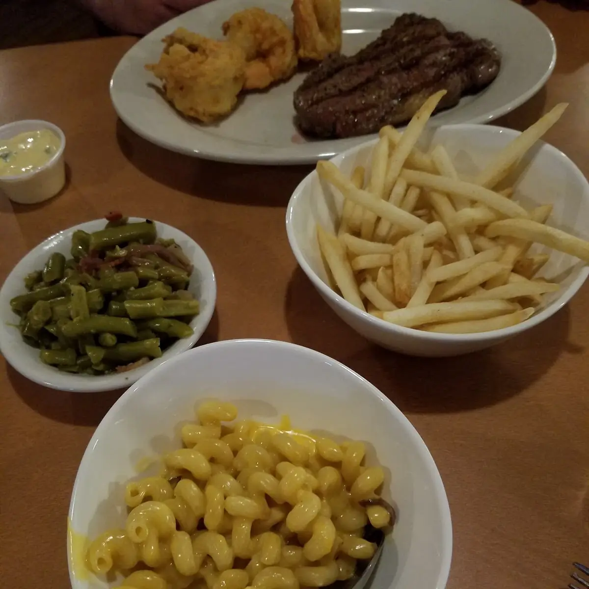 Fries Green Beans and Mac and Cheese