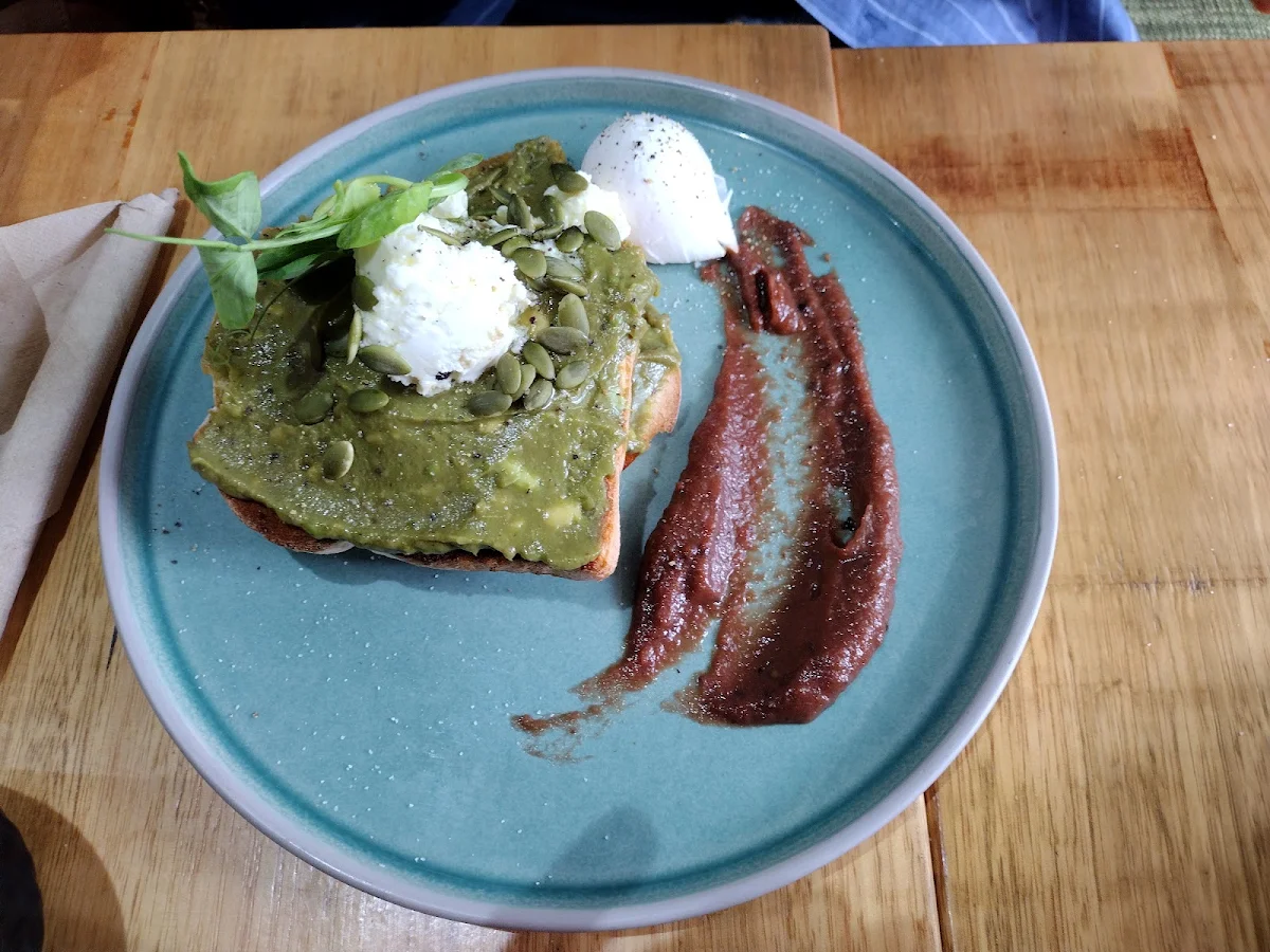 Smashed Avo with Beetroot Relish Glaze Pepitas & Dukkha VG GFO, The Green Olive