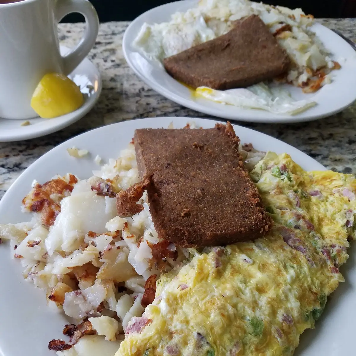 Scrambled Eggs and Scrapple with Hash Brown
