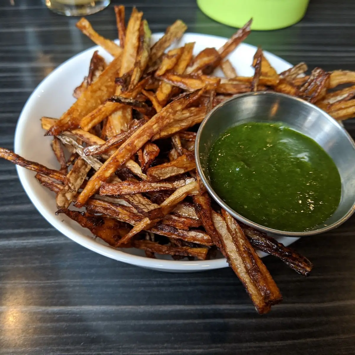 Lotus Root Fries with Cilantro and Mint Chutney