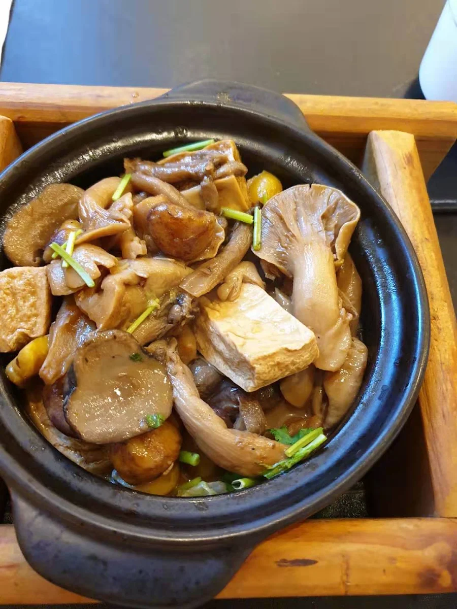 Stir Fried Assorted Mushrooms Vegetables and Q-Tofu with Chestnut in Claypot, Joy Veg Fruit Dining Belmore