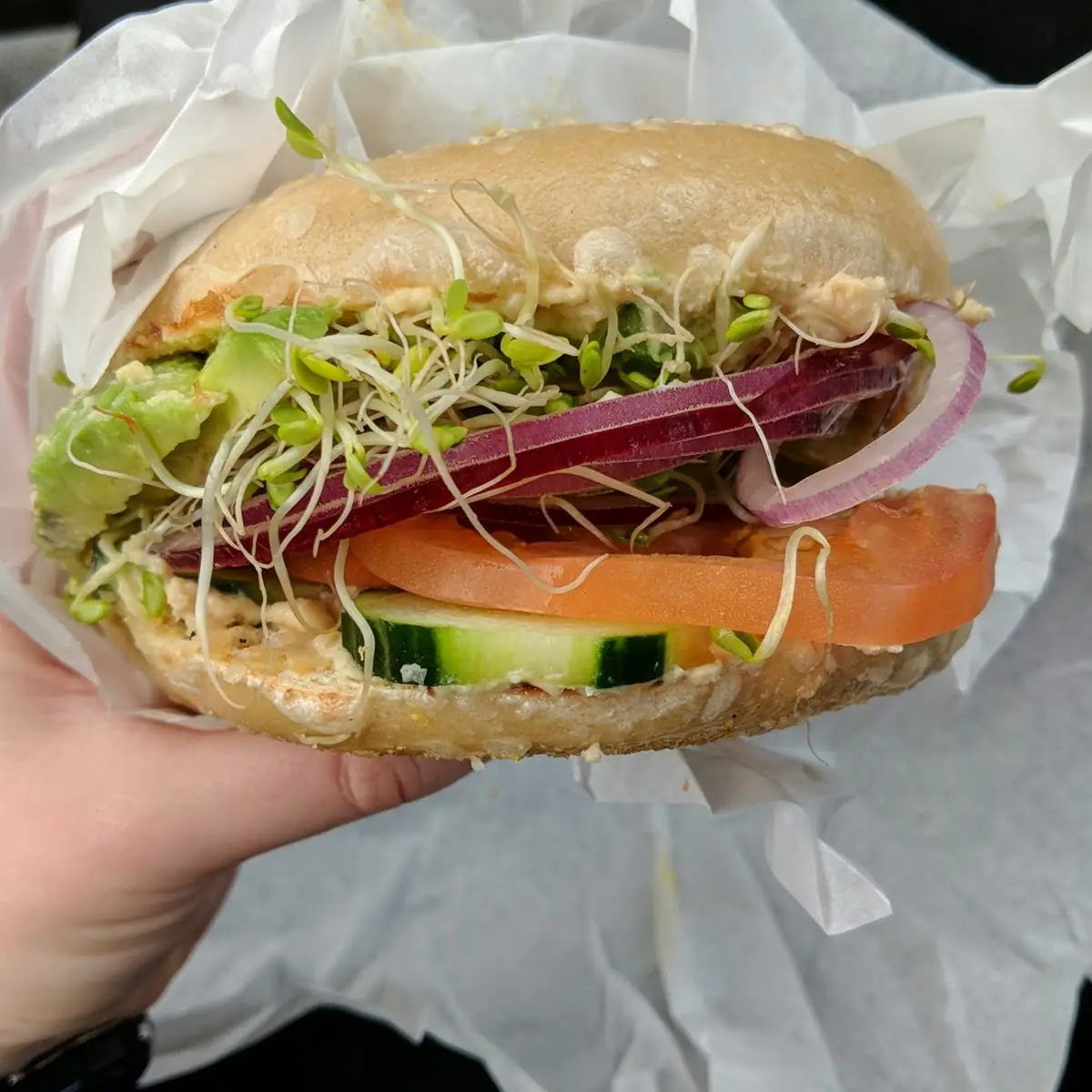 Hummus Heaven on Sourdough Bagel