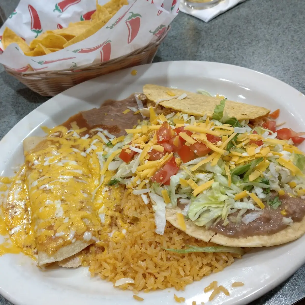 Taco Enchilada and Tostada
