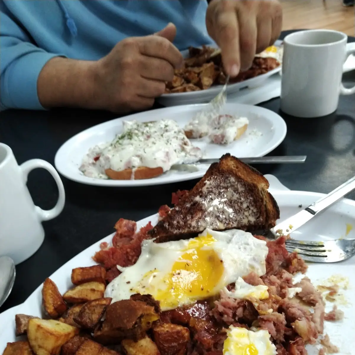 Corned Beef Hash and Sunny Side Up Eggs with Chipped Beef on the Side