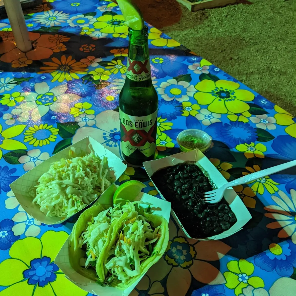 Pastor and Pollo Tacos Black Beans Cabbage