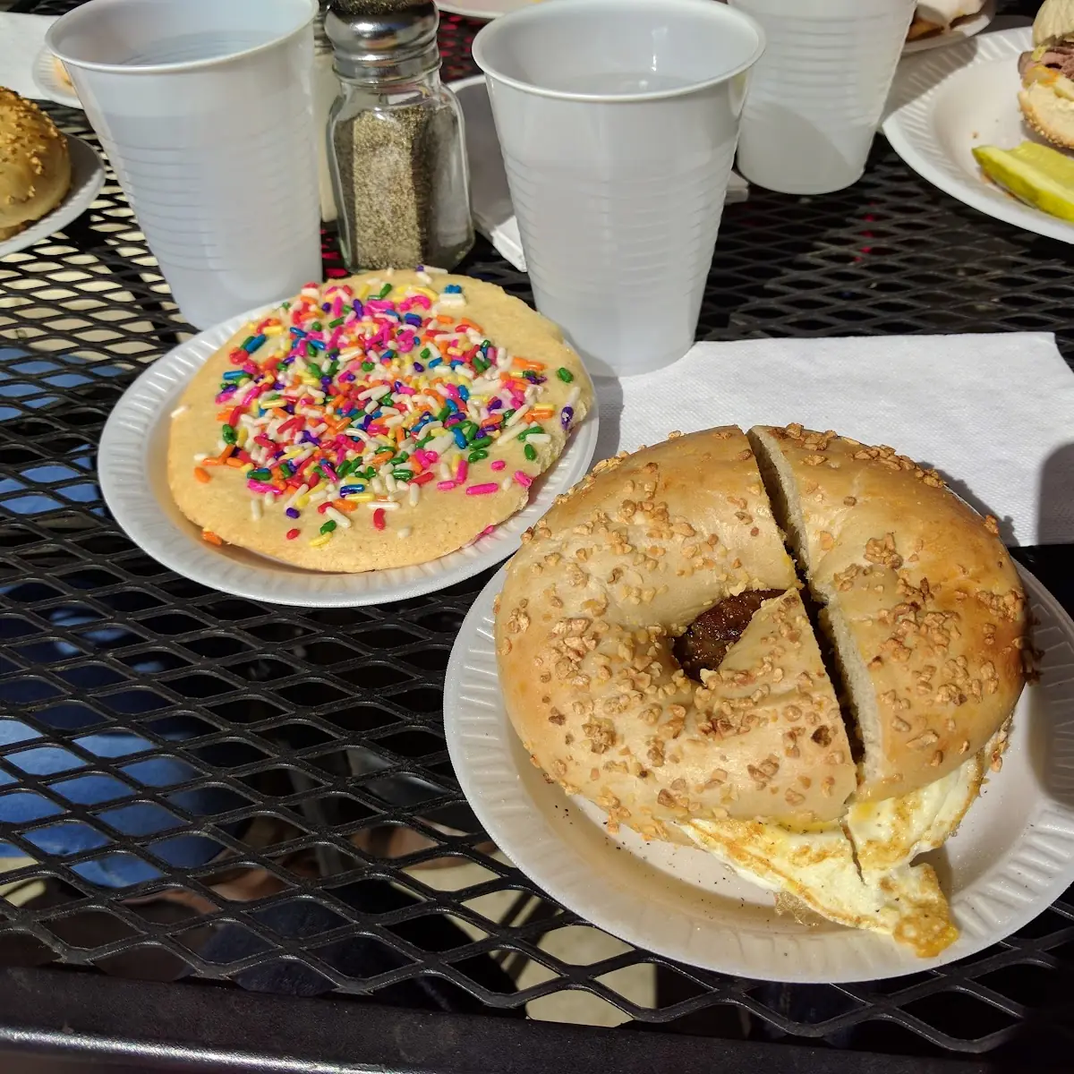 Sausage Egg and Cheese on Garlic Bagel with Sprinkle Cookie