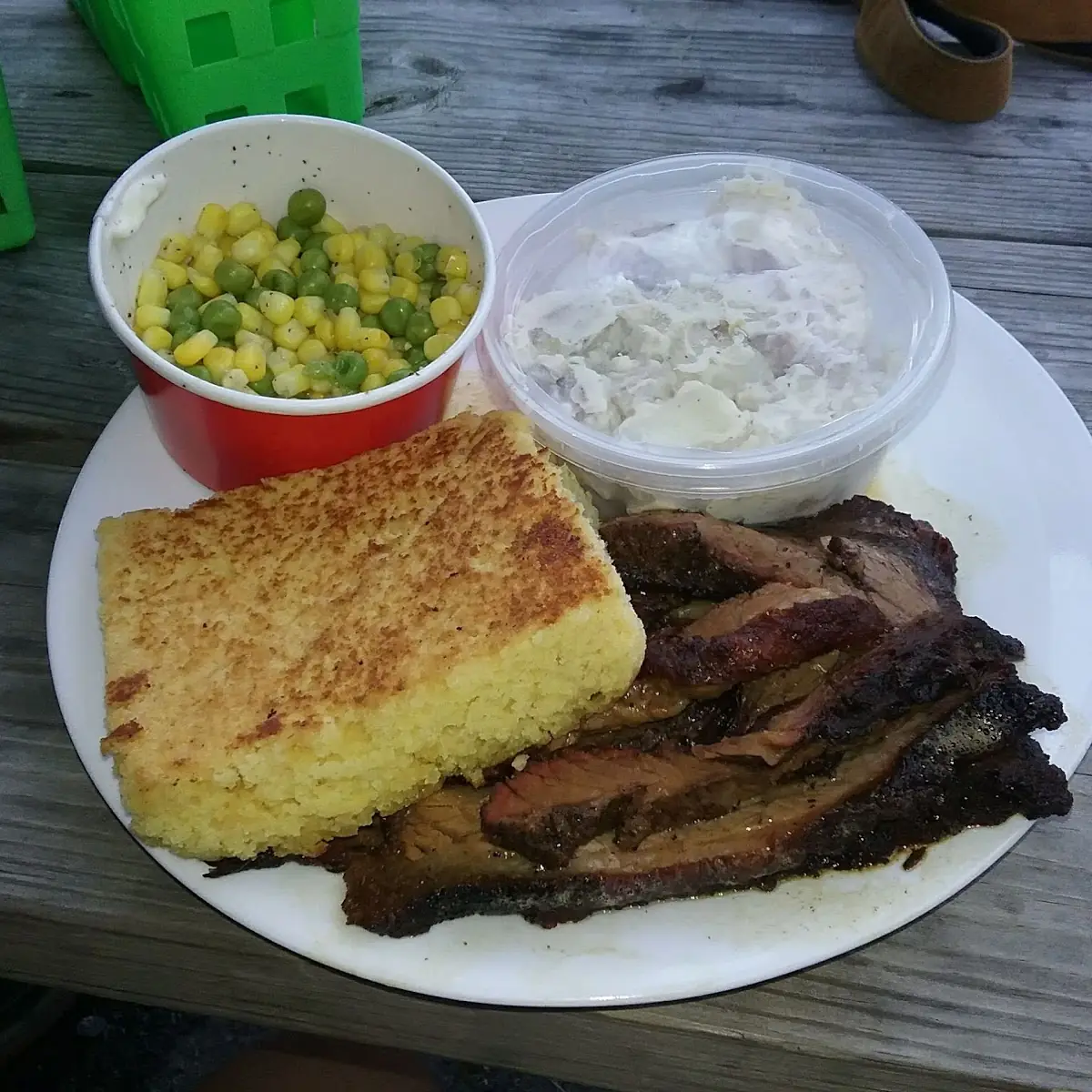 Brisket with Potato Salad Veggies & Corn Bread