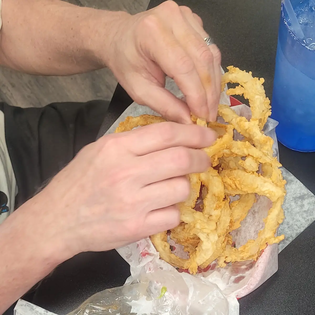 Duble Cheeseburger and Onion Ring Basket