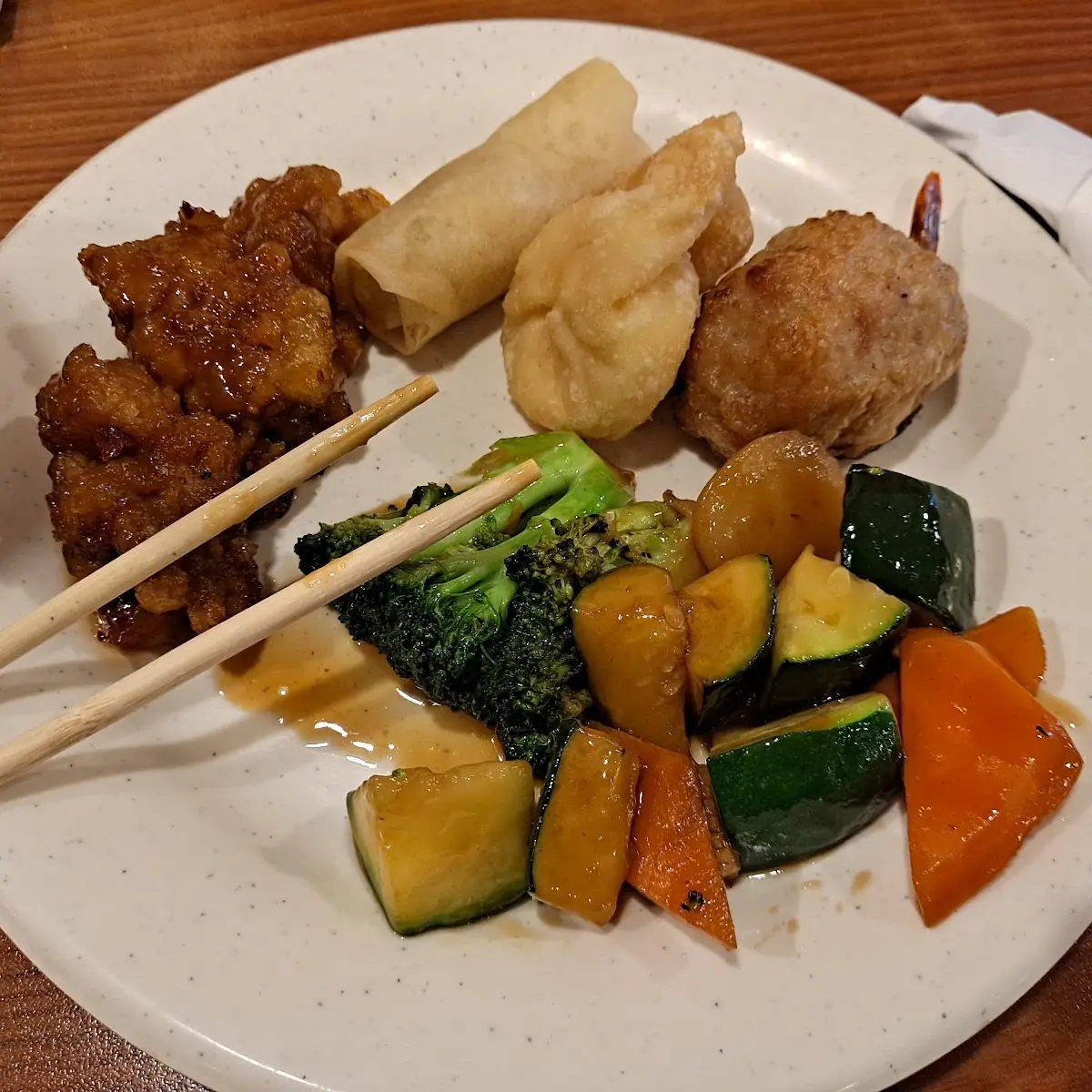 General TSO's Chicken Crab Rangoon Spring Roll Mixed Veggies