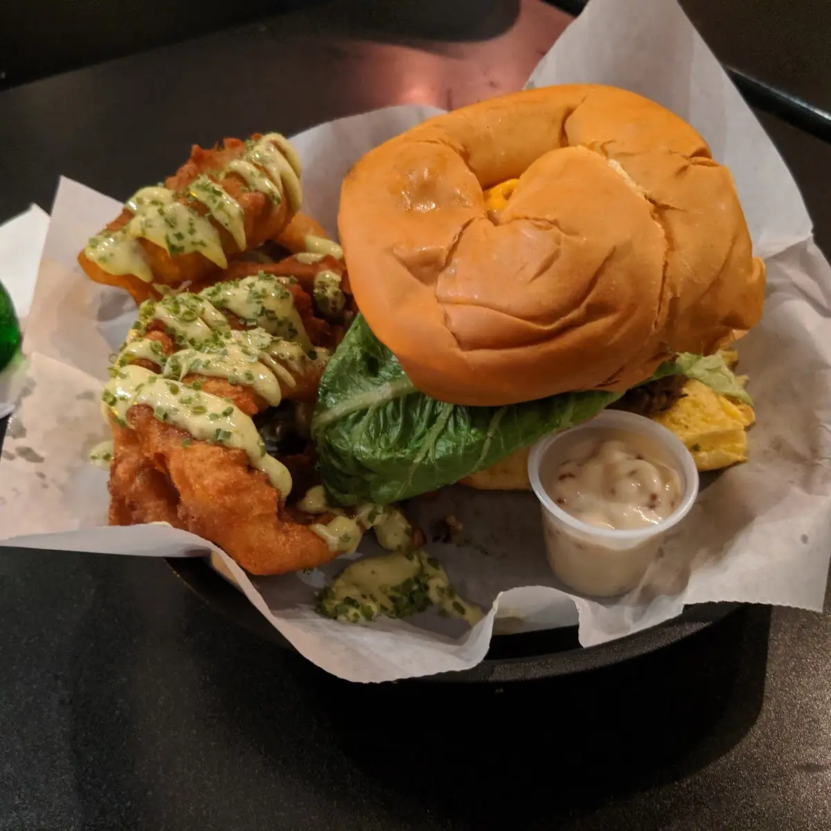 Bacon Cheeseburger with Beer Battered Onion Rings