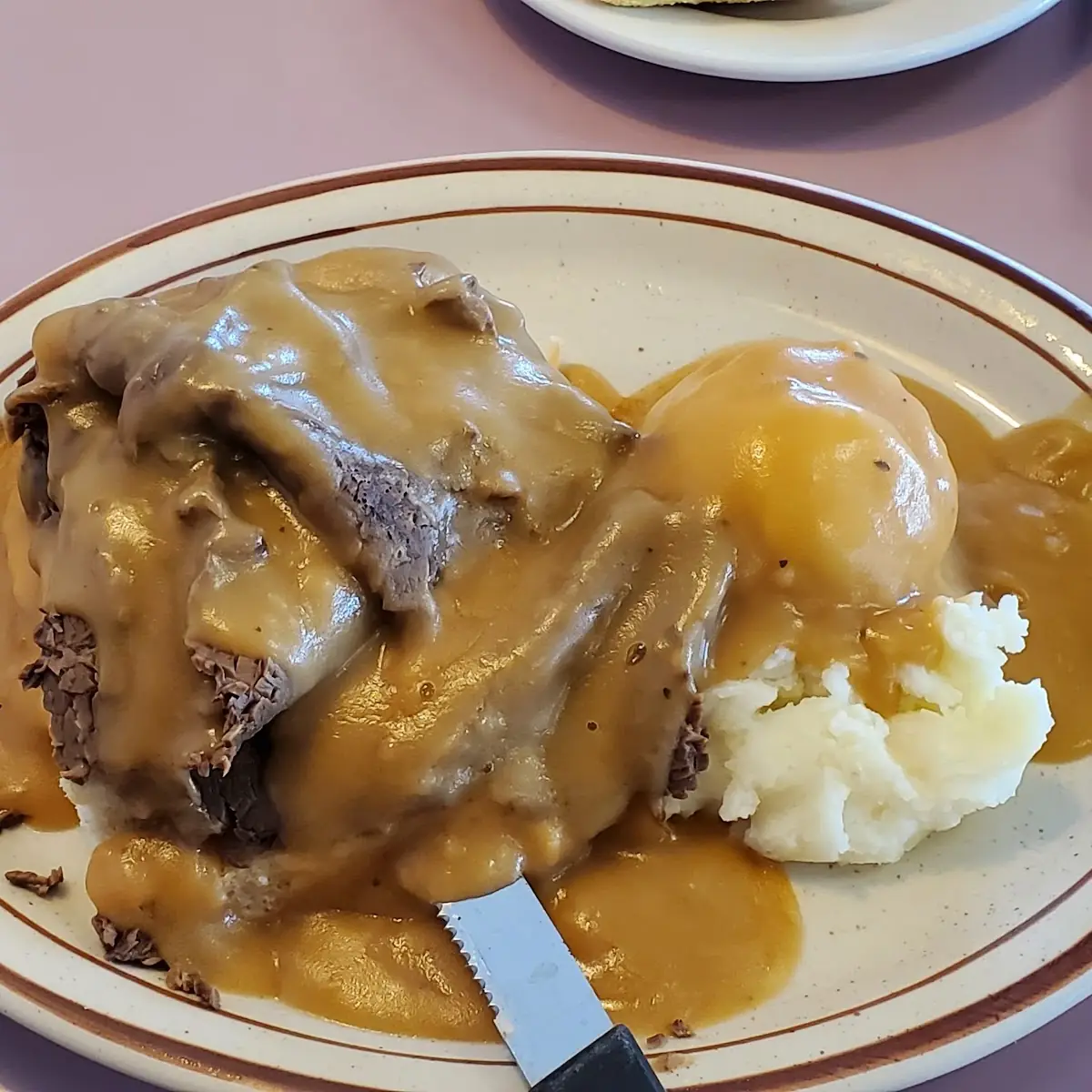 Open Face Roast Beef and Shrimp Scampi