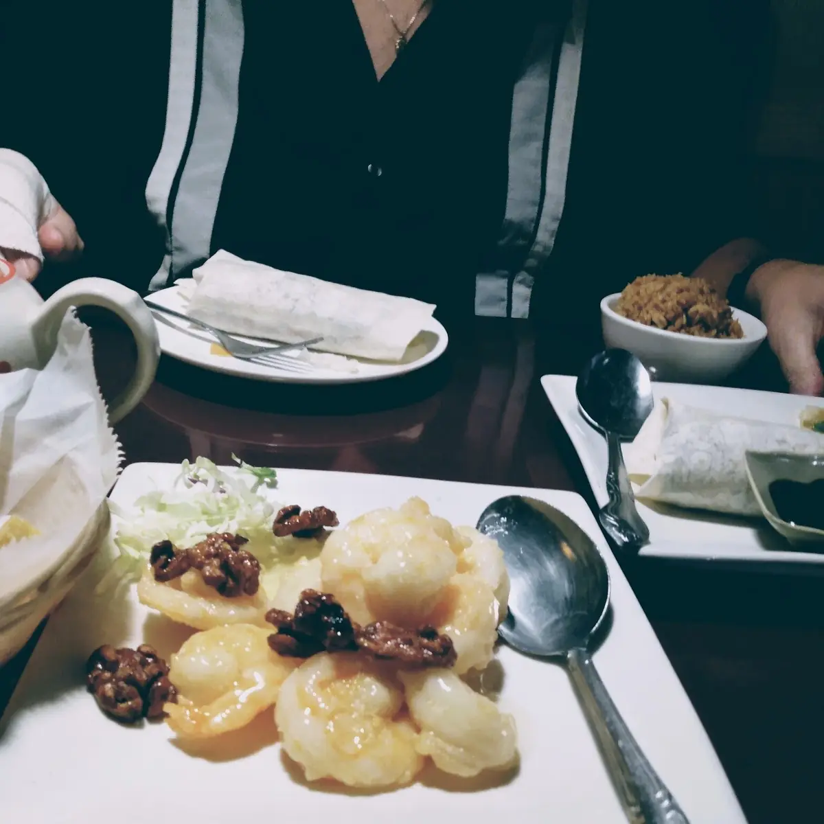 Crispy Walnut Shrimp with Fried Rice Egg Roll and Salad