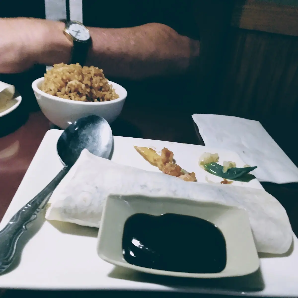 Moo Shu Pork with Fried Rice Egg Rolls Salad