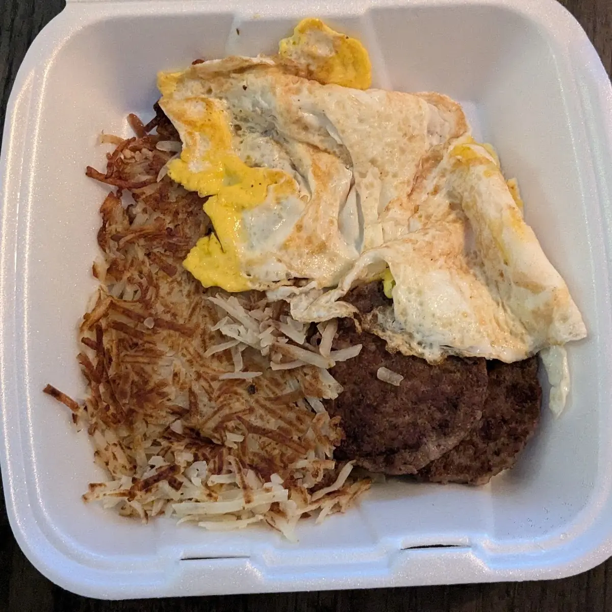 Fried Eggs Hash Browns & Sausage