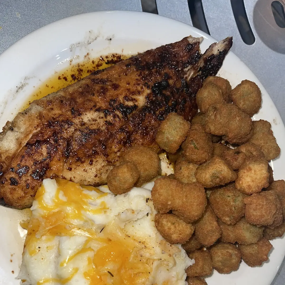 Redfish Meuniere w Mashed Potatoes & Fried Okra