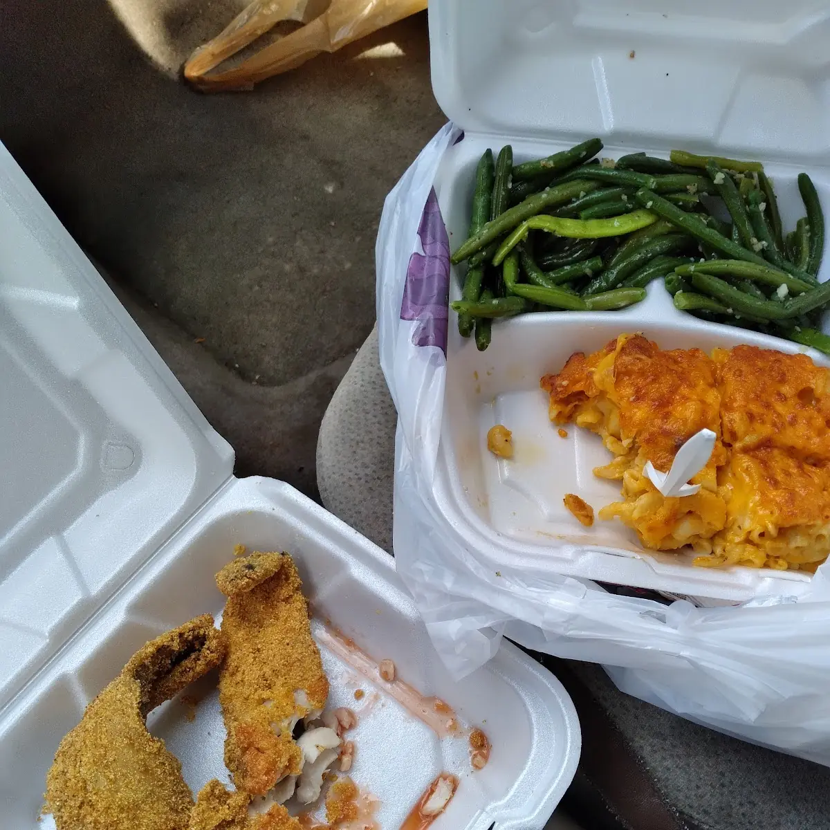 Fried Whiting with String Beans Mac and Cheese