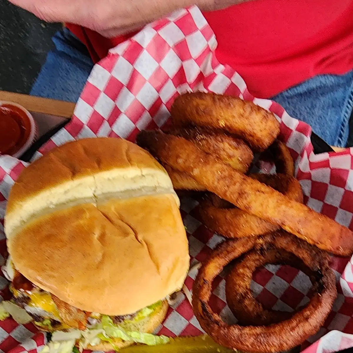 Burger and Onion Rings